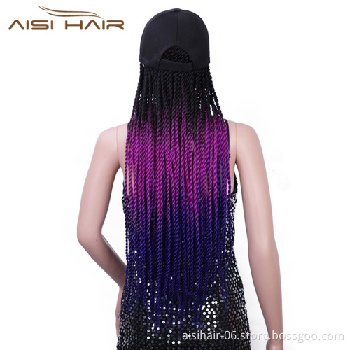 Aisi Hair Vendor Baseball Hat With Long Ombre Purple Twist Crochet Braiding Hair Extension For Black Women Synthetic Hair Wigs